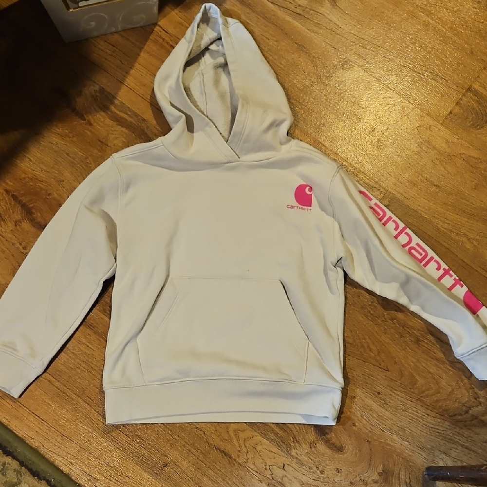 Carhartt Girls Cream Hoodie With Pink Accents Size 6X